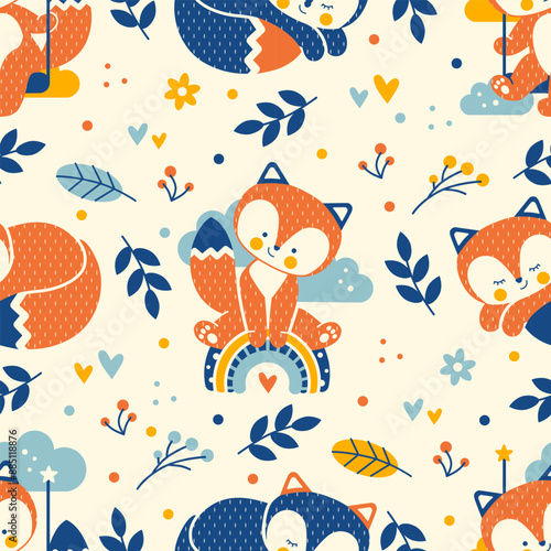 Seamless background featured cute foxes. Cheerful playground with funny baby animals. Colorful flat style seamless vector print