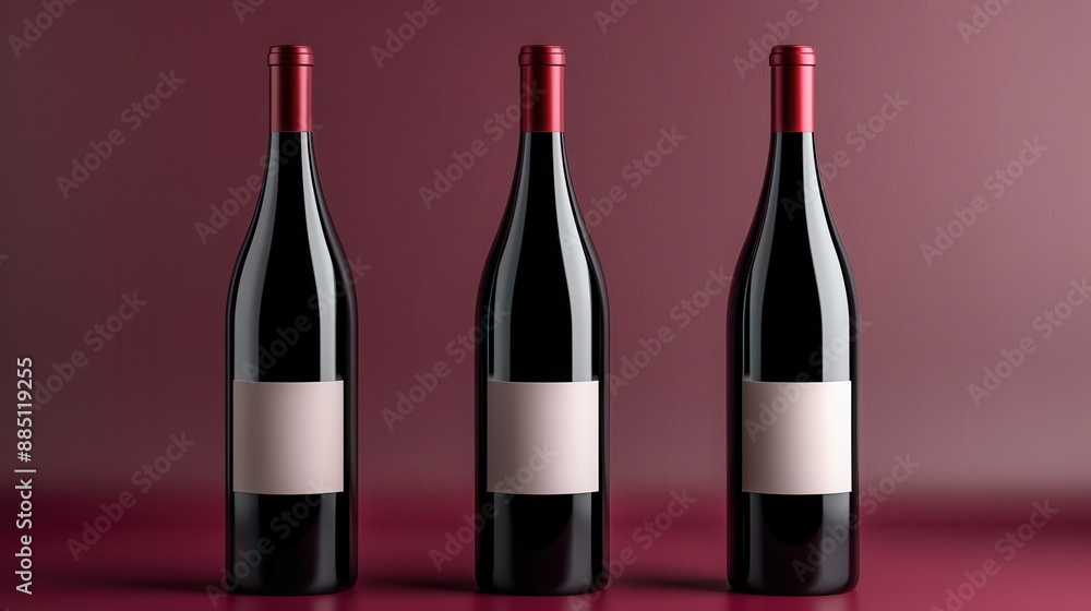 Three sleek wine bottles, each with a blank label, arranged in a row on a red backdrop, emphasizing a classy and modern aesthetic suitable for diverse branding opportunities. Three sleek wine bottles, each with a blank label, arranged in a row on a red backdrop, emphasizing a classy and modern aesthetic suitable for diverse branding opportunities.