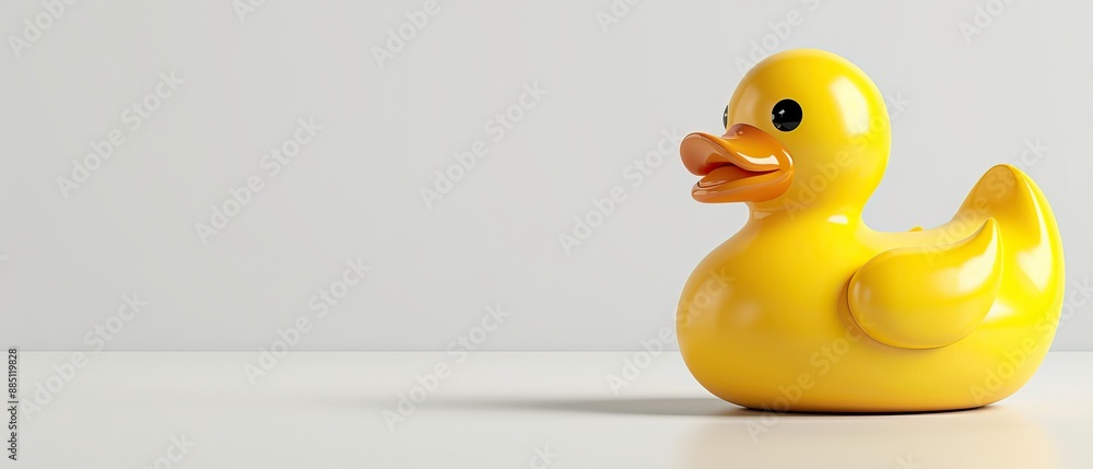 Yellow rubber duck toy on a white surface with gray background. Perfect for child-themed projects, bathroom decor, and playful designs. Yellow rubber duck toy on a white surface with gray background. Perfect for child-themed projects, bathroom decor, and playful designs.