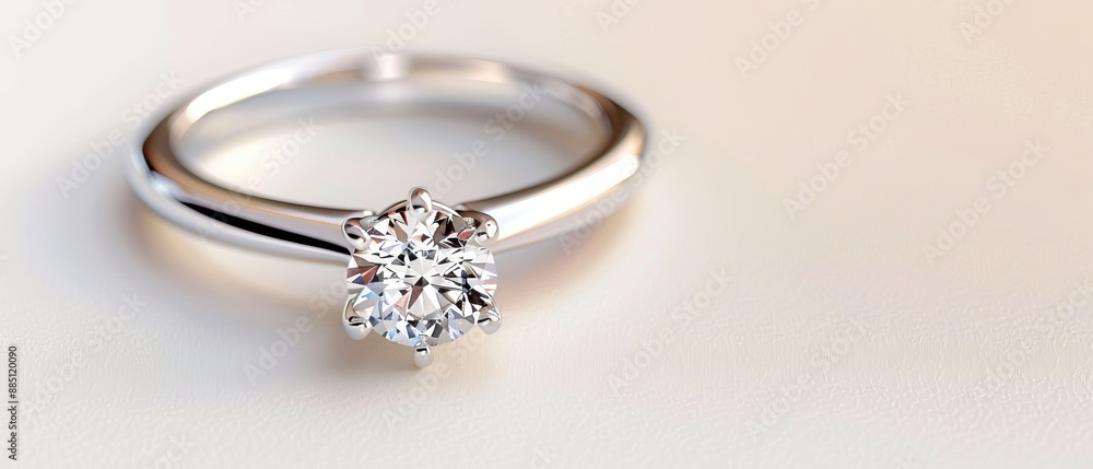 Elegant silver engagement ring with a sparkling diamond centerpiece, perfect symbol of love, displayed on a light background. Elegant silver engagement ring with a sparkling diamond centerpiece, perfect symbol of love, displayed on a light background.