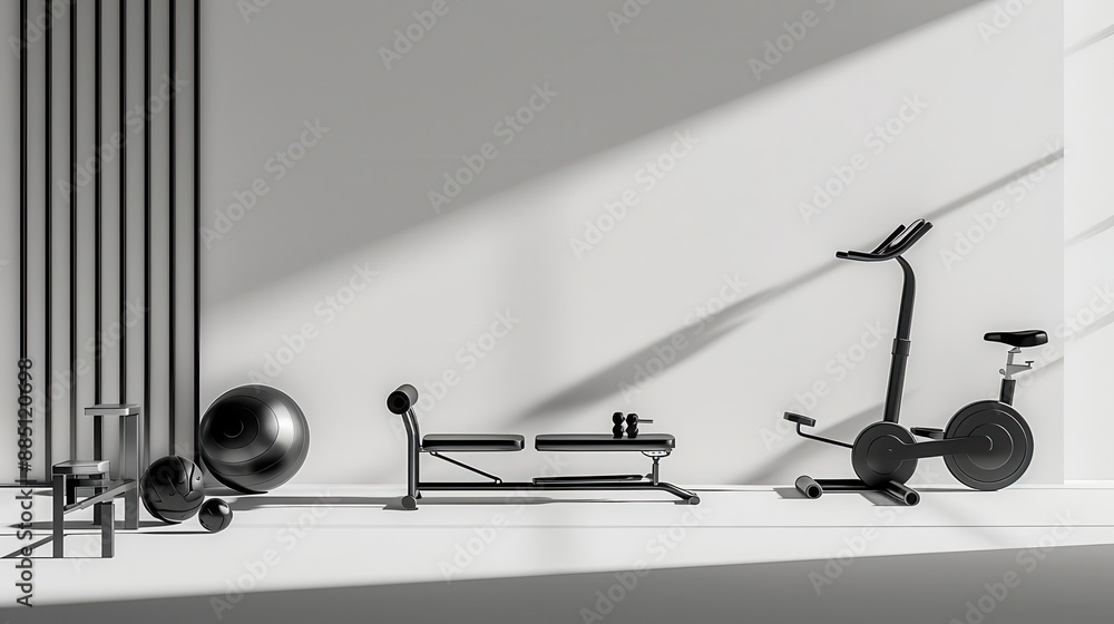 minimalist composition showcasing sleek fitness equipment against a pure white backdrop clean lines bold contrasts and strategic shadows emphasize form and function minimalist composition showcasing sleek fitness equipment against a pure white backdrop clean lines bold contrasts and strategic shadows emphasize form and function
