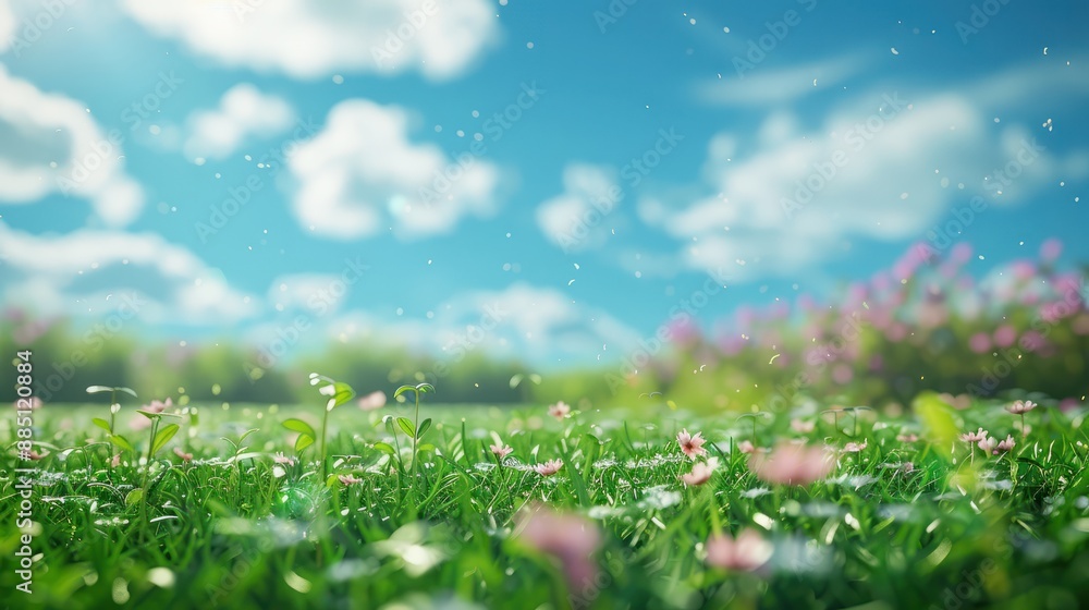 Fototapeta premium Blurred background of spring nature with a nicely trimmed lawn against a blue sky and clouds on a bright sunny day. Generative AI