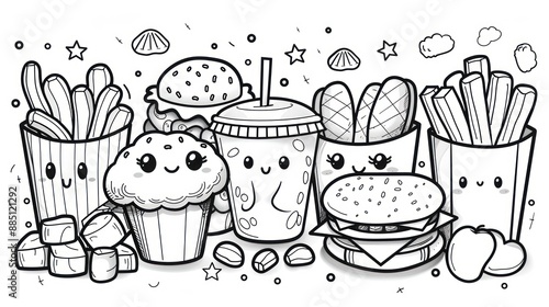 bold and easy kawaii food and snacks coloring page for kids, white background