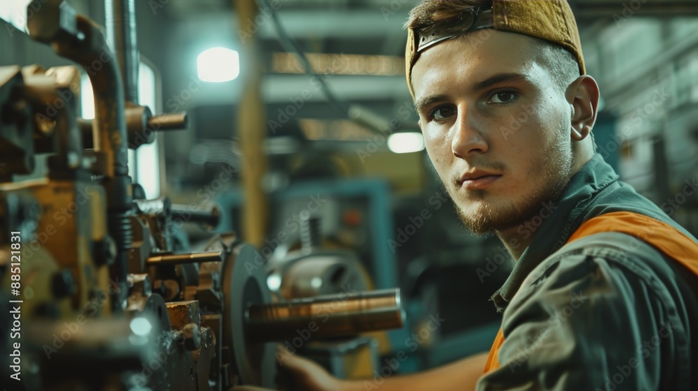Focused factory worker operates heavy machinery with skill and precision, realistic industrial photo Focused factory worker operates heavy machinery with skill and precision, realistic industrial photo