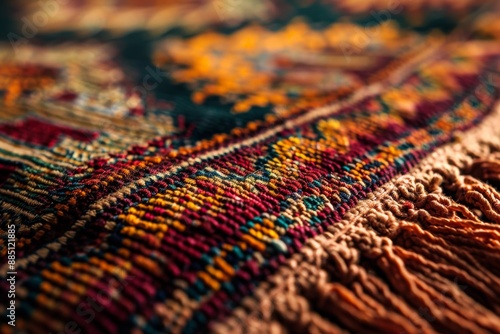 Detailed close-up of a Persian rug displaying intricate patterns, textures, vibrant colors, and craftsmanship