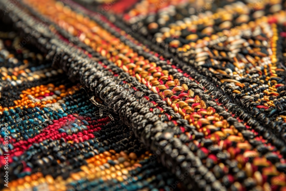A close-up shot of a colorful, intricate Persian rug, showcasing its woven texture and vibrant hues A close-up shot of a colorful, intricate Persian rug, showcasing its woven texture and vibrant hues