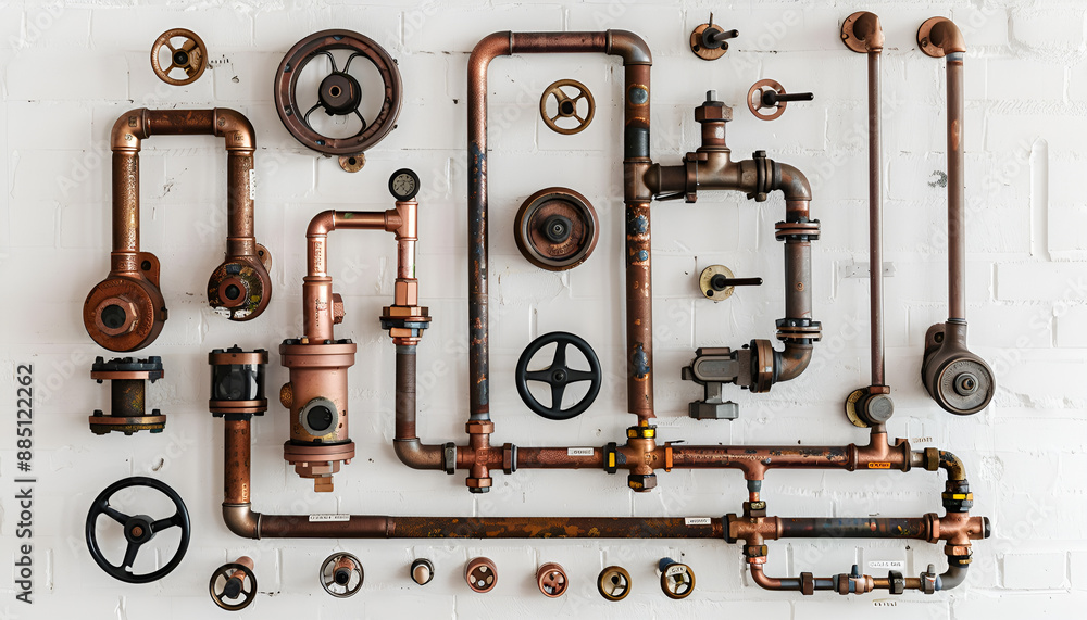 Obraz premium Copper valves and pipes on a white wall