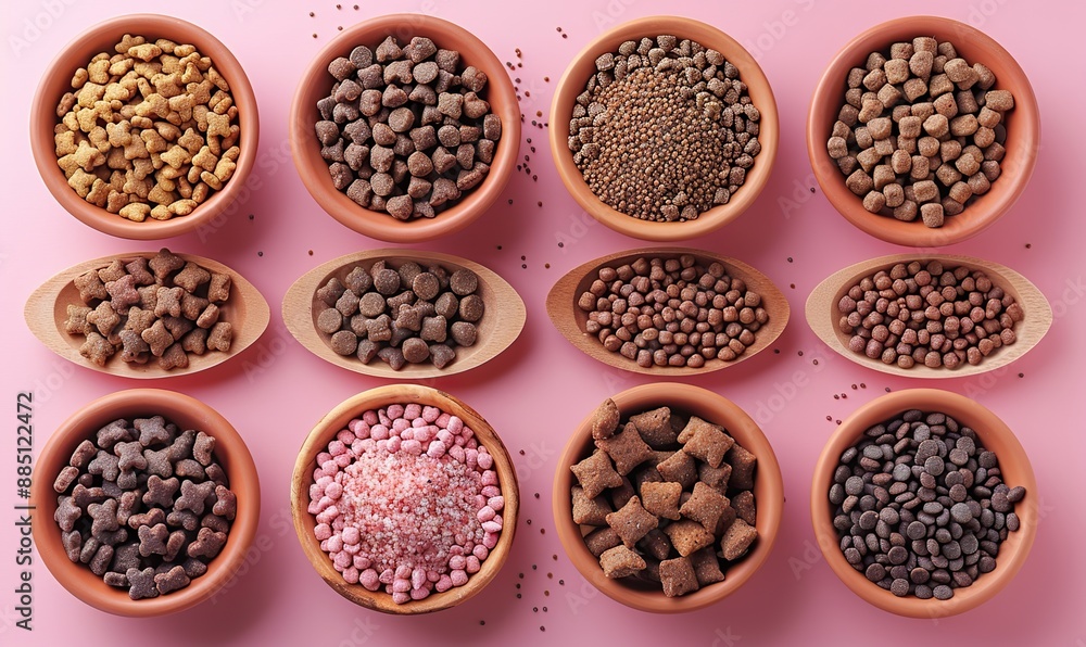 different pet accessories,bowl of dry feed on pastel pink background flat lay top view different pet accessories,bowl of dry feed on pastel pink background flat lay top view