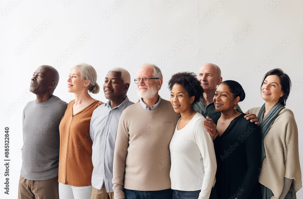 Diverse Group of Older Adults Standing Together in a Line and Smiling Happily in a Bright Studio Setting Diverse Group of Older Adults Standing Together in a Line and Smiling Happily in a Bright Studio Setting