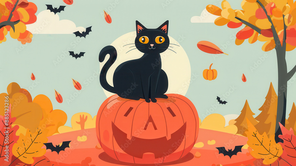 Spooky Halloween background with carved pumpkins, bats, and witch hat Spooky Halloween background with carved pumpkins, bats, and witch hat