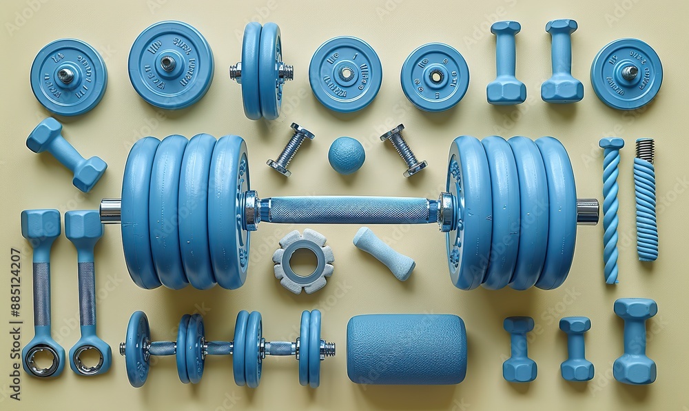 blue workout equipment set on beige background dumbbells fitness tape roller flat lay top view blue workout equipment set on beige background dumbbells fitness tape roller flat lay top view