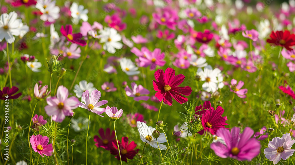 Colorful Flowers A meadow filled with flowers in various colors, including pink, white, and magenta, against a bright green background Colorful Flowers A meadow filled with flowers in various colors, including pink, white, and magenta, against a bright green background