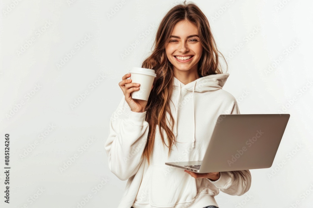 Smiling woman holding laptop coffee Smiling woman holding laptop coffee