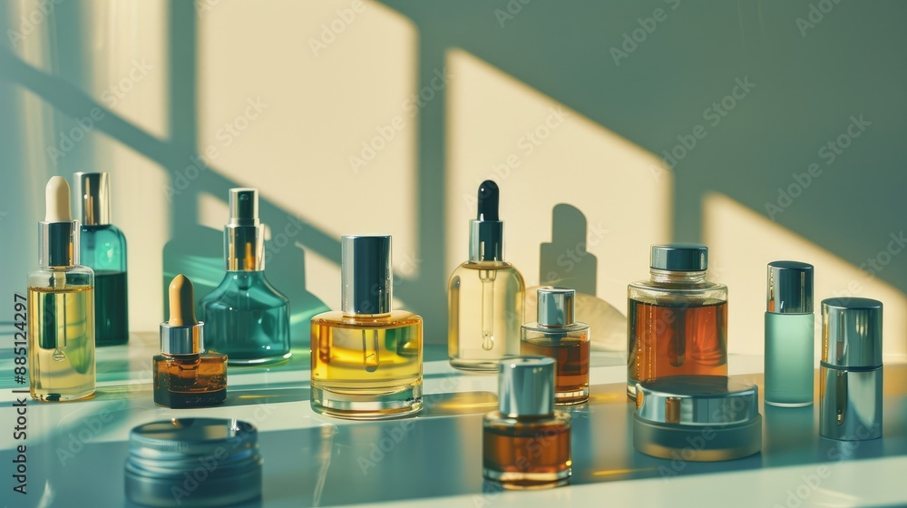 Glass containers displaying cosmetics on runway with distinct shadows representing beauty salon and natural products Glass containers displaying cosmetics on runway with distinct shadows representing beauty salon and natural products