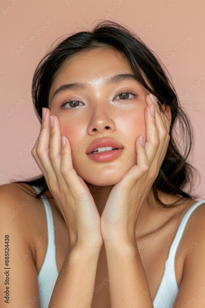 Applying skincare on face portrait adult woman. Applying skincare on face portrait adult woman.