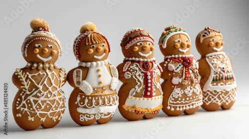 Gingerbread cookie figures representing Russian holiday on white background