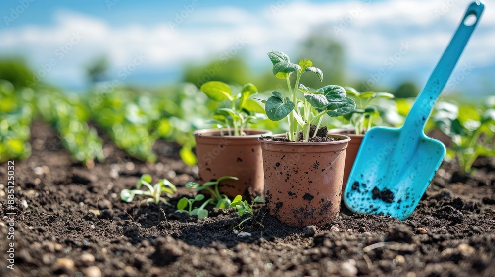 Gardening concept with vegetable and herb sprouts in containers on soil with blue shovel and field background Gardening concept with vegetable and herb sprouts in containers on soil with blue shovel and field background
