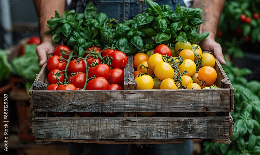 farmer holding wooden box,fresh vegetables harvest concept banner mockup farmer holding wooden box,fresh vegetables harvest concept banner mockup