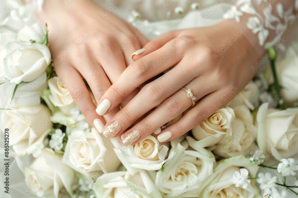 Closeup of a bride's hands adorned with a delicate ivory and gold manicure, resting gently on a bouquet of white roses Closeup of a bride's hands adorned with a delicate ivory and gold manicure, resting gently on a bouquet of white roses