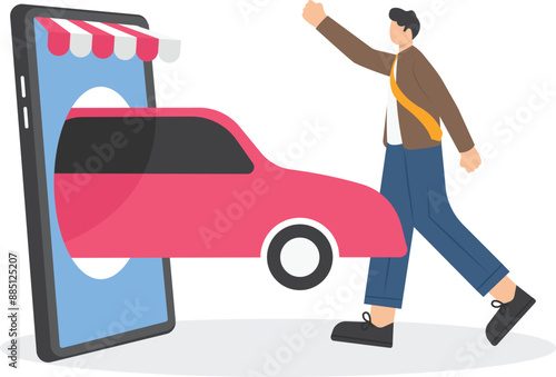 Online ordering taxi car, rent and sharing using service mobile application. Man searching cab on city map. Phone with location mark and smart car with modern city skyline. Vector illustration.
