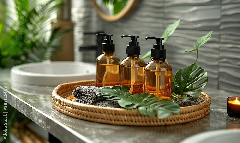 amber glass cosmetic bottles,green leaf in rattan container on table in bathroom natural organic beauty products for personal hygiene cosmetics packaging amber glass cosmetic bottles,green leaf in rattan container on table in bathroom natural organic beauty products for personal hygiene cosmetics packaging