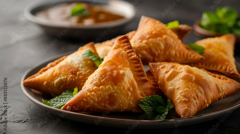 Crispy fried samosas served on a plate with chutney, garnished with fresh mint leaves, perfect for a traditional snack or appetizer. Crispy fried samosas served on a plate with chutney, garnished with fresh mint leaves, perfect for a traditional snack or appetizer.
