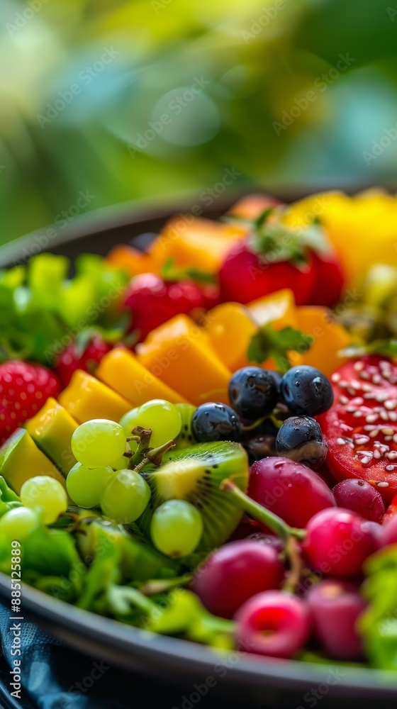 Fresh fruit salad in a bowl with various vibrant tropical fruits Fresh fruit salad in a bowl with various vibrant tropical fruits