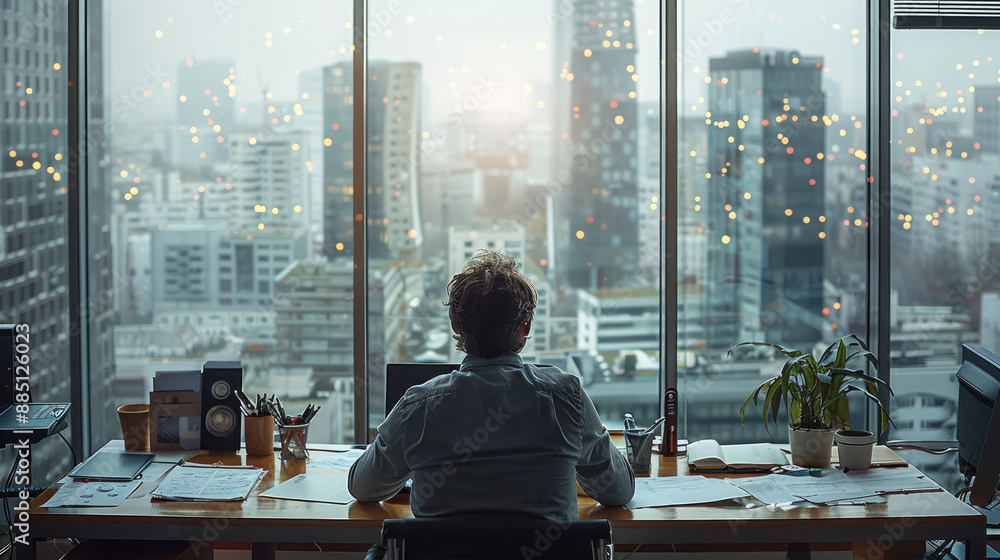 A distressed entrepreneur sitting at his desk in a modern, well-appointed office. Surrounding desks are vacant and computers are off, reflecting a workforce shortage. an urban view. Generative AI. A distressed entrepreneur sitting at his desk in a modern, well-appointed office. Surrounding desks are vacant and computers are off, reflecting a workforce shortage. an urban view. Generative AI.