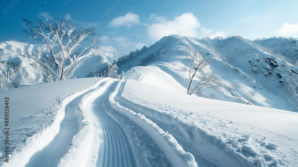 Snow-covered mountain landscape with a winding trail, clear blue sky, and pristine white snow under the sunlight. Snow-covered mountain landscape with a winding trail, clear blue sky, and pristine white snow under the sunlight.