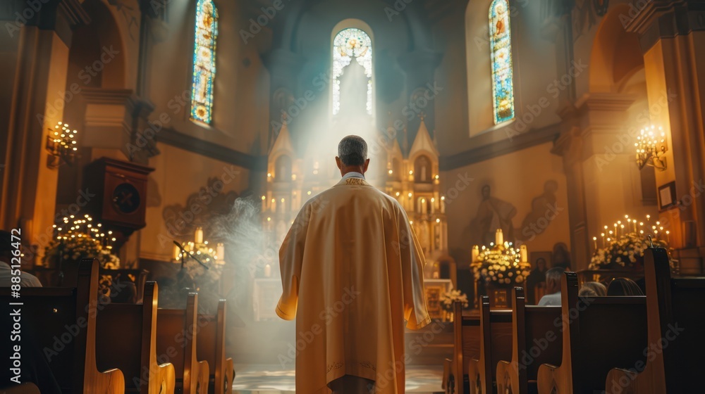 Catholic priest standing on a church podium and preaching, religion Catholic priest standing on a church podium and preaching, religion