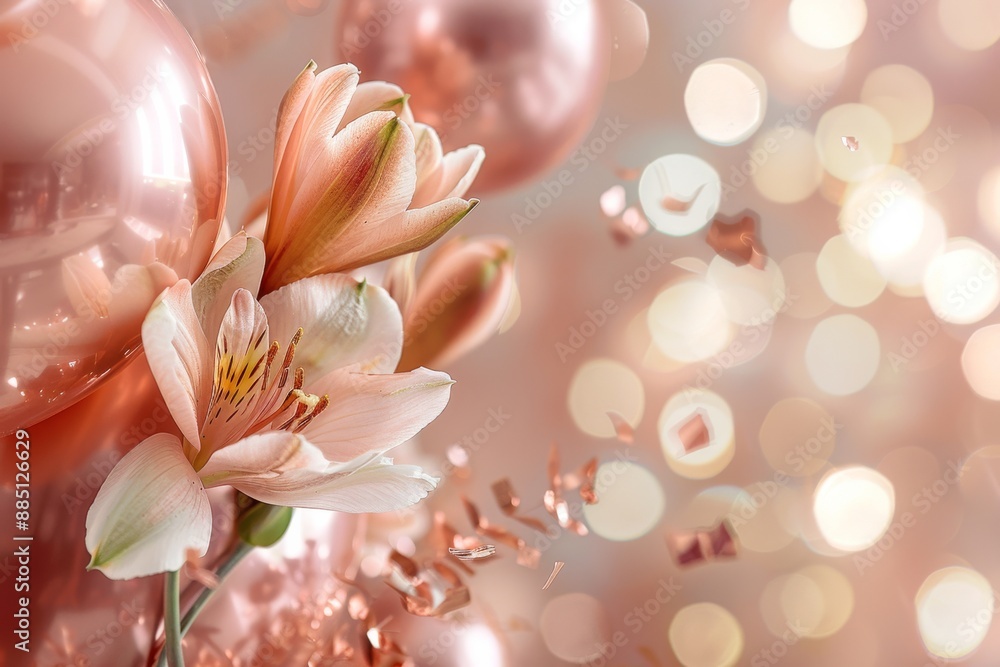 Freesia flowers, with their delicate petals, are surrounded by rose gold confetti and floating foil balloons in a soft, romantic setting Freesia flowers, with their delicate petals, are surrounded by rose gold confetti and floating foil balloons in a soft, romantic setting