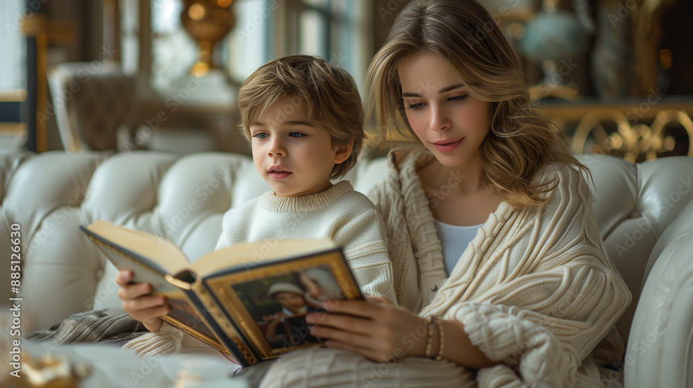 A little boy and his mother sit together on the sofa in a luxurious living room during the day and read a large book, a photo A little boy and his mother sit together on the sofa in a luxurious living room during the day and read a large book, a photo