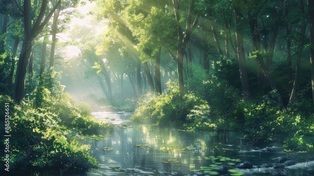 Anime style scenery with a tranquil forest, sunlight filtering through the trees and a gentle stream. Anime style scenery with a tranquil forest, sunlight filtering through the trees and a gentle stream.