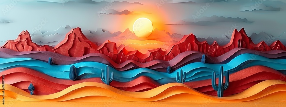 Obraz premium Paper art work Desert scene with paper dunes under a bright sun.