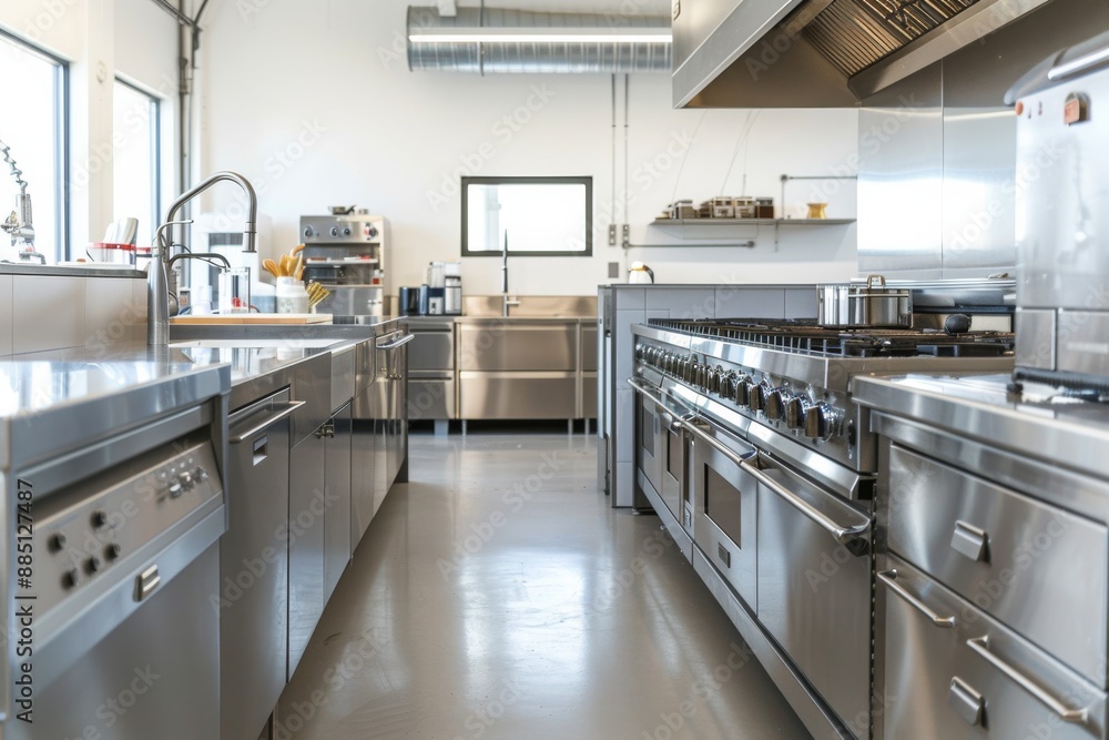 A high-angle view of a minimalist kitchen featuring sleek stainless steel appliances and clean lines, highlighting the modern design aesthetic A high-angle view of a minimalist kitchen featuring sleek stainless steel appliances and clean lines, highlighting the modern design aesthetic