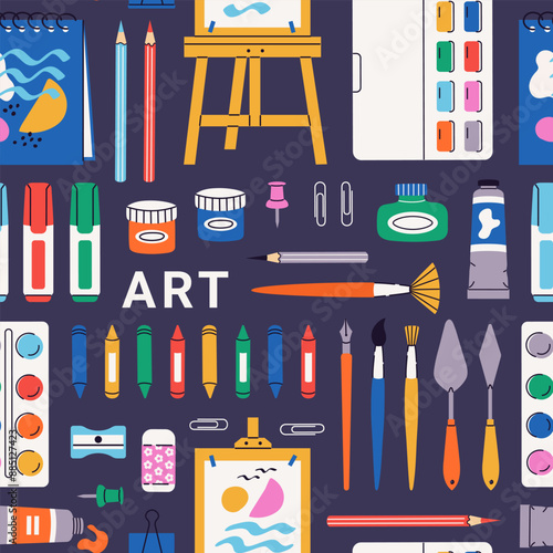 Vector trendy seamless pattern with art supplies. Art supply background. Watercolor paint, pencil, paint tubes, watercolor, crayons, color palette, brushes, palette knife. Hand drawn flat illustration