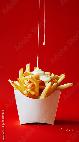 French Fries in a white paper box, mayonnaise dripping from above, solid color background. Frybox with fries. photo