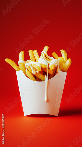 French Fries in a white paper box, mayonnaise dripping from above, solid color background. Frybox with fries. photo