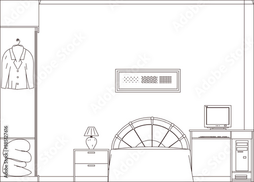 Sketch silhouette illustration vector detailed drawing of architectural engineering design of bedroom interior with modern furniture and modern bed