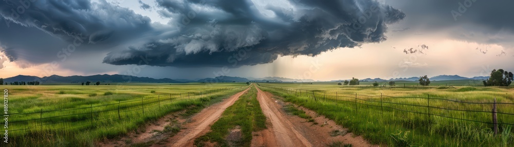 Dramatic Stormy Sky Over Farmland Road, A Stunning View of Nature's Power and Agriculture's Resilience A Rural Landscape With A Dirt Path Cutting Through Green Fields Under Dark Clouds, Creating A Dramatic Stormy Sky Over Farmland Road, A Stunning View of Nature's Power and Agriculture's Resilience A Rural Landscape With A Dirt Path Cutting Through Green Fields Under Dark Clouds, Creating A