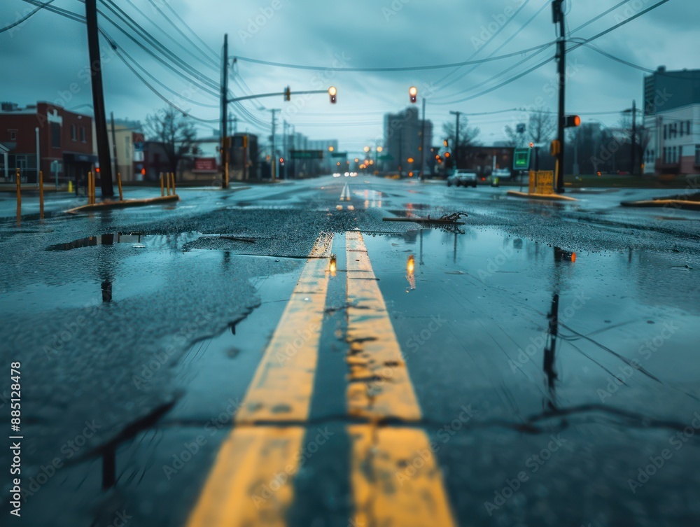 Obraz premium Stormy Skies Over City Street, Dramatic Contrast of Nature and Infrastructure, Moody Urban Landscape Photography, Rain-Soaked Asphalt and Puddles Reflecting Streetlights, Concrete Jungle Under a