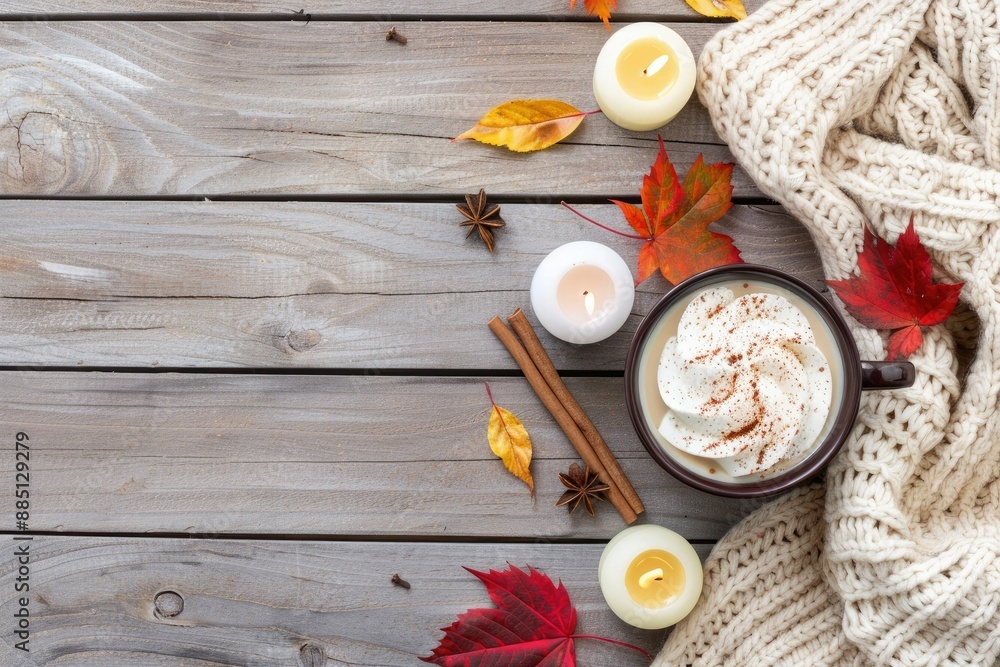 Cozy Autumn Scene With Whipped Cream and Candles Cozy Autumn Scene With Whipped Cream and Candles