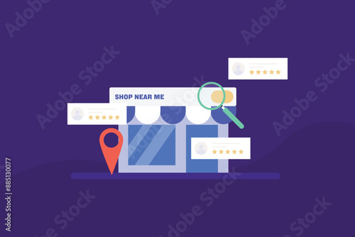 Shop Near Me. Search engine result page with shop address, location, customer reviews and rating. Vector illustration banner.