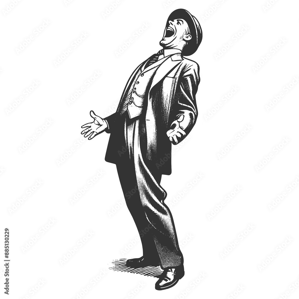 Fototapeta premium ecstatic man in a suit and hat, leaning back with open arms and a wide smile, celebrating sketch engraving generative ai fictional character raster illustration. Black and white image.