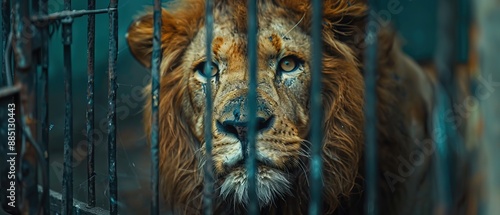 Stray homeless lion in animal shelter cage 