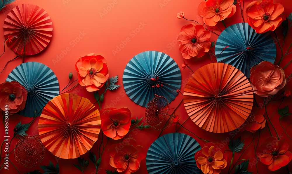 Obraz premium chinese new year celebration concept banner,red paper fans decorations on red background,copy space