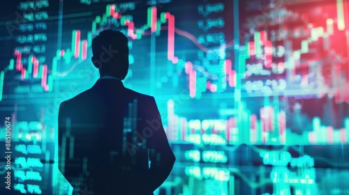 Businessman with stock market charts overlay, silhouette, financial strategy, market trends