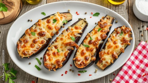 Melted Cheese and Herb Stuffed Eggplant Boats