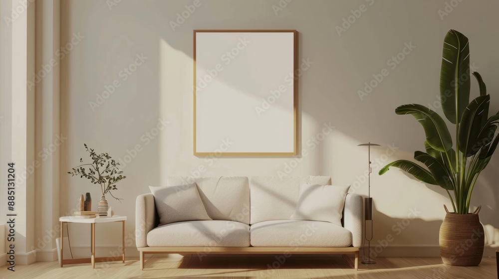 An empty poster frame mockup on the wall with natural bright light in the livingroom. An empty poster frame mockup on the wall with natural bright light in the livingroom.