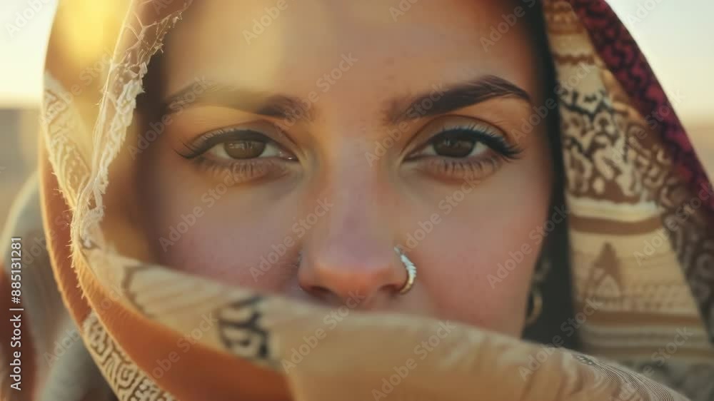 Middle Eastern woman with veil looking at camera, closeup of face Middle Eastern woman with veil looking at camera, closeup of face